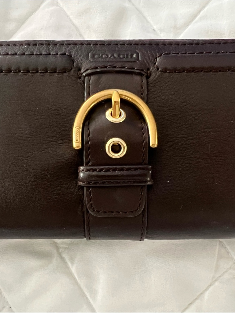 Coach Dark Brown Leather Wallet with Gold Buckle Accent